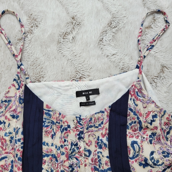 Miss Me Pleated Floral Tank Top in Navy Blue Sleeveless Size L - Picture 3 of 14